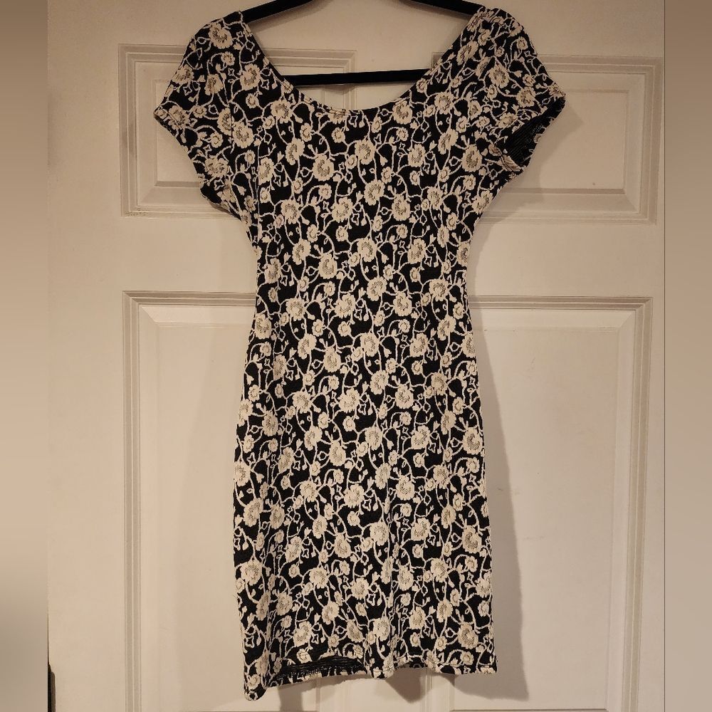 American Rag black and white floral open back fitted mini dress M